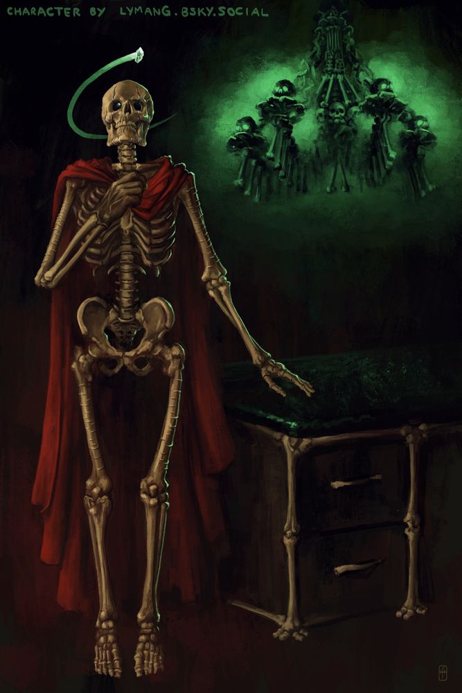 A digital painting of a stately skeleton posing in his dark office. He is wearing a red cloak, grasping it in his shrivelled hand, while his other hand rests on the dark granite slab that forms part of his bony desk. A chandellier made of bones hangs in the background, emitting an eerie green glow. A little clear gem orbit's the skeleton's head. There are notches running down the femur and humerus bones, and silver etchings have been carved into the skull.