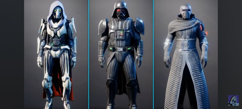Destiny 2 characters dressed in the ugliest Star Wars themed armor you can imagine. Left to Right: Hunter in General Grievous armor, Titan in Darth Vader armor, and Warlock in an ugly Kylo Ren fit