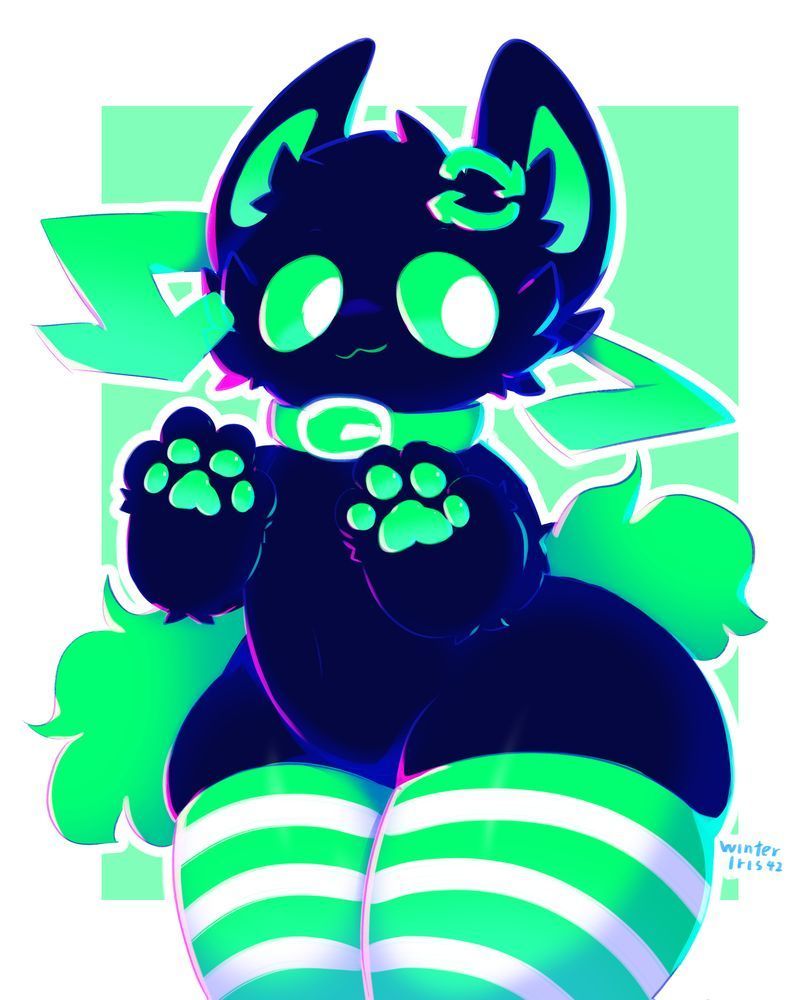 A furry representing the retweet or repost feature wearing green thigh highs looking off camera while raising their green paws