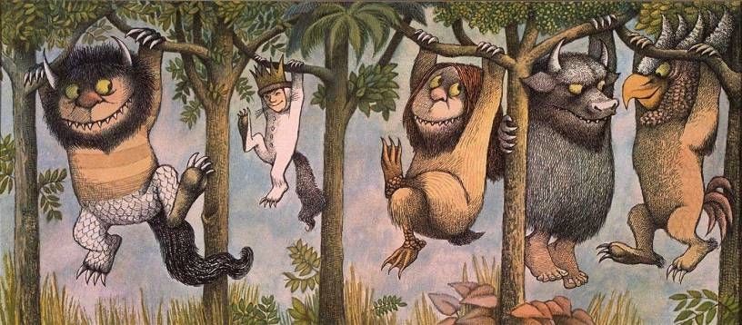 Scene from Maurice Sendak's Where the Wild Things Are, showing Max and the Wild Things hanging from trees
