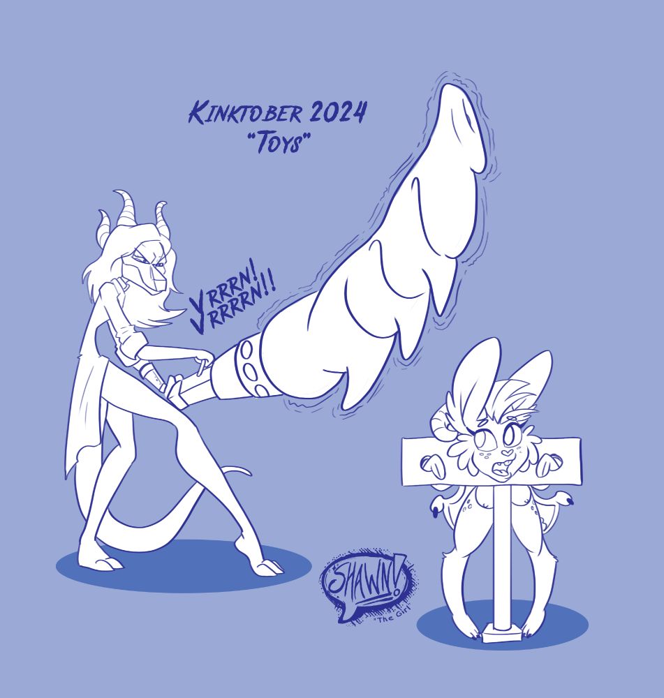 Saaresh (dragoness in a labcoat and mask) wielding the Dragon Driller 5000 about to show a shocked Cherinkov (drabbit locked in a pillory) an intense time.