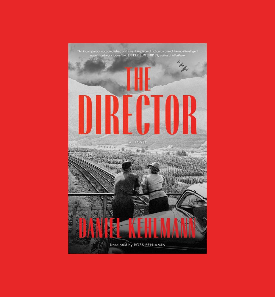 The Director by Daniel Kehlmann. 

it's two people loverlooking railraod tracks in a black and white photo, it just kind of looks very depression era? 