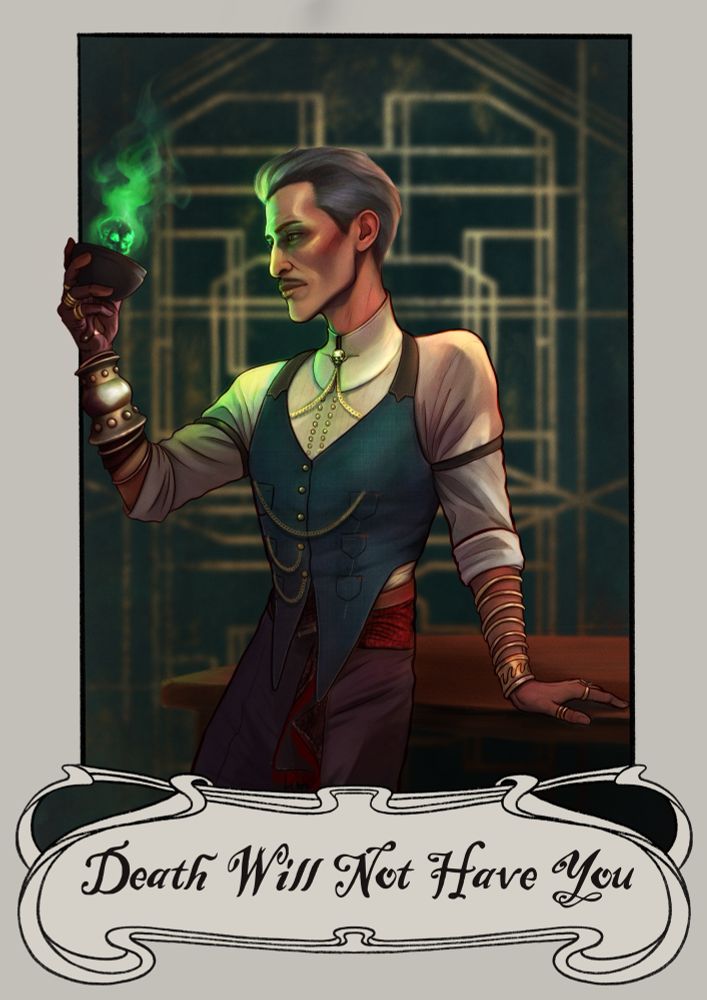 Art for a tea label of Emmrich from Dragon Age