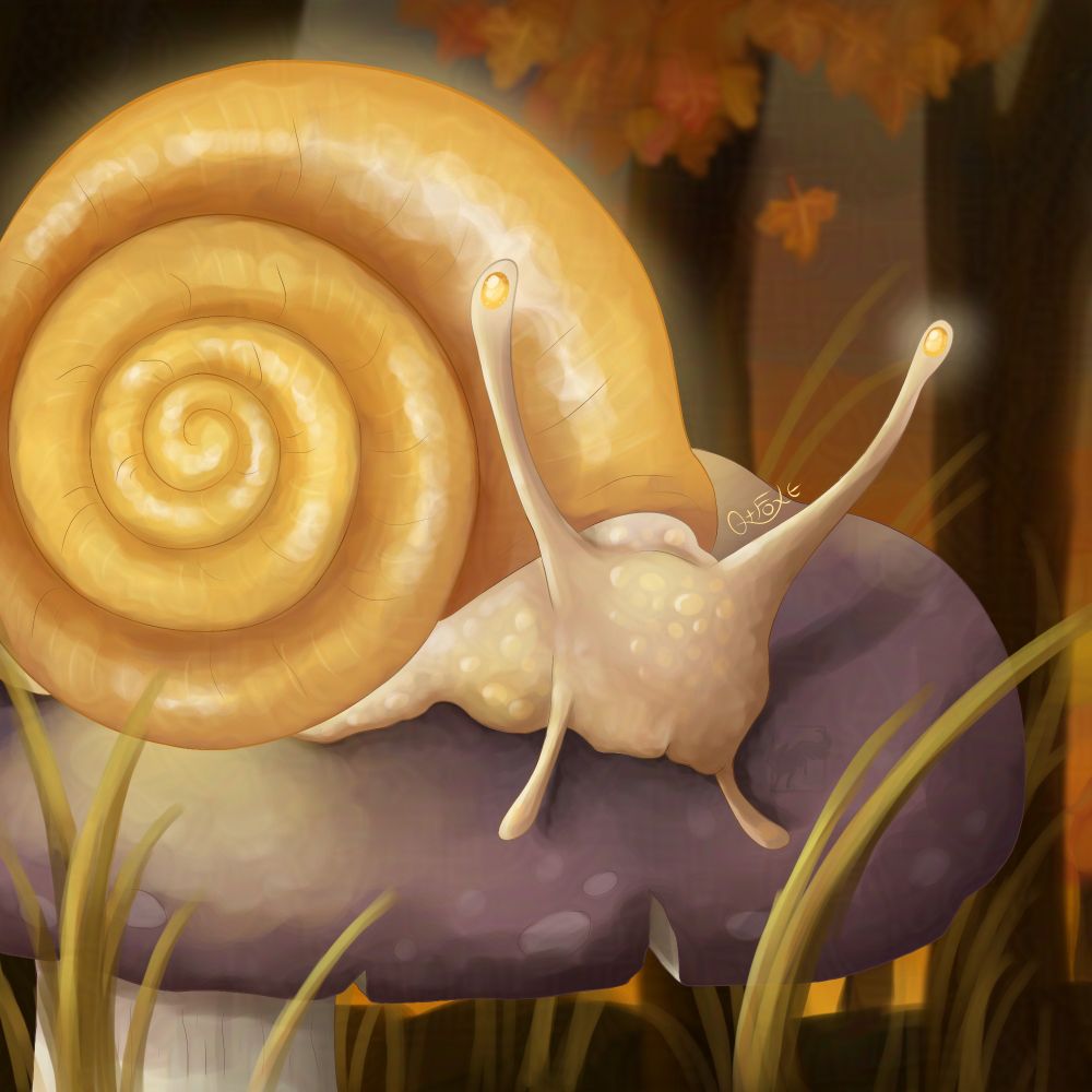 A digital art piece of a golden yellow snail. Their luminous golden eyes and spiral shell light up their surroundings with a soft yellow light. They're looking at the viewer with a thoughtful and calm expression, and their pale beige-yellow skin shines with lemon and orange hued iridescence where the light hits it. 
They are perched on top of a reddish-purple charcoal burner mushroom, speckled with lighter markings. It has a pale cream stalk, and is peeking out from yellowed autumn grass. In the background, tall maple trees in the peak of their autumn colours shade the forest floor. The sky is a fading orange, the tail end of a sunset in October. The scene is warm and bright, as though the snail is offering hope despite the season's slow decay into winter. 