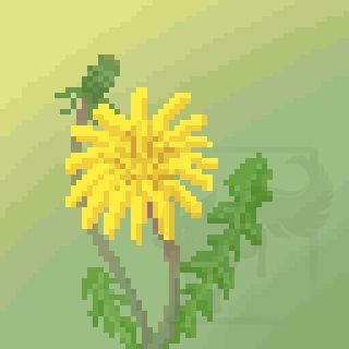 Pixel art of a blooming yellow dandelion, its stem arched to greet the sun. It has two forked leaves branching off from the base, and an unbloomed head that twists to the right in the background. It's a very simple scene. The background is green that fades to a soft yellow from gentle sunlight. 