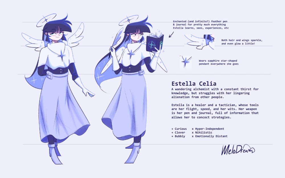 A character sheet of my angel oc Estella Celia. 2/3rds of the image is dedicated to two poses: a standing pose and a pose where she's looking into her journal. The rest of the image is full of text for her details and characteristics.
