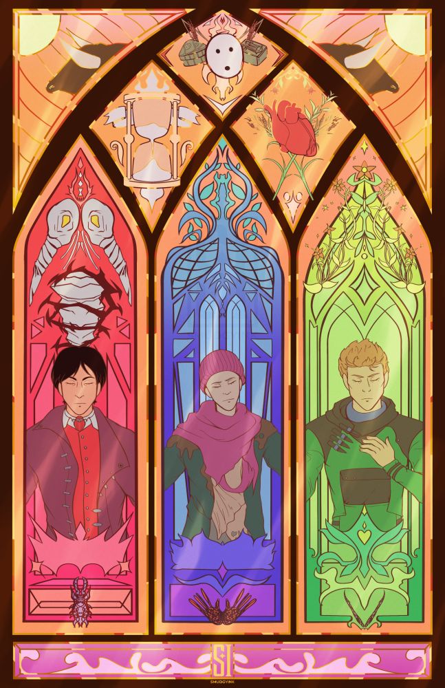 A large, colorful stained glass illustration of the three Pathologic Healers surrounded by representations of their routes, important items, and bulls. On the left, is Daniil Dankovsky with his pane in light red with a couple Executor masks and the Polyhedron above him. In the middle is Clara, with a glass pane of blue and triangular shapes to contrast the organic shapes above her. Artemy, on the right, has a glass pane of green surrounded by organic, winding and tall plants. Above them are three diamond shaped glass pieces with plants, a heart, and an hourglass. On either side of those are simple panes with bulls and the sun. And finally, in the upper middle are representations of the two versions of Shmowder (from Pathologic 1 and 2) with a Tragedian mask between them.