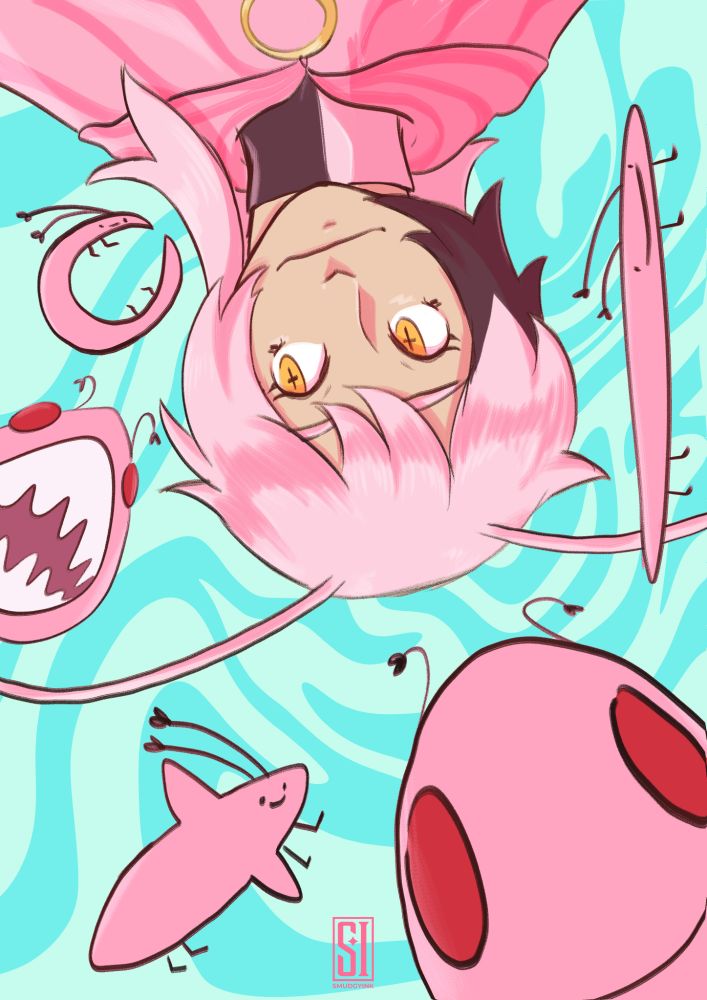 A pink-haired roach humaniod surrounded by several different roaches that are different shapes and sizes.