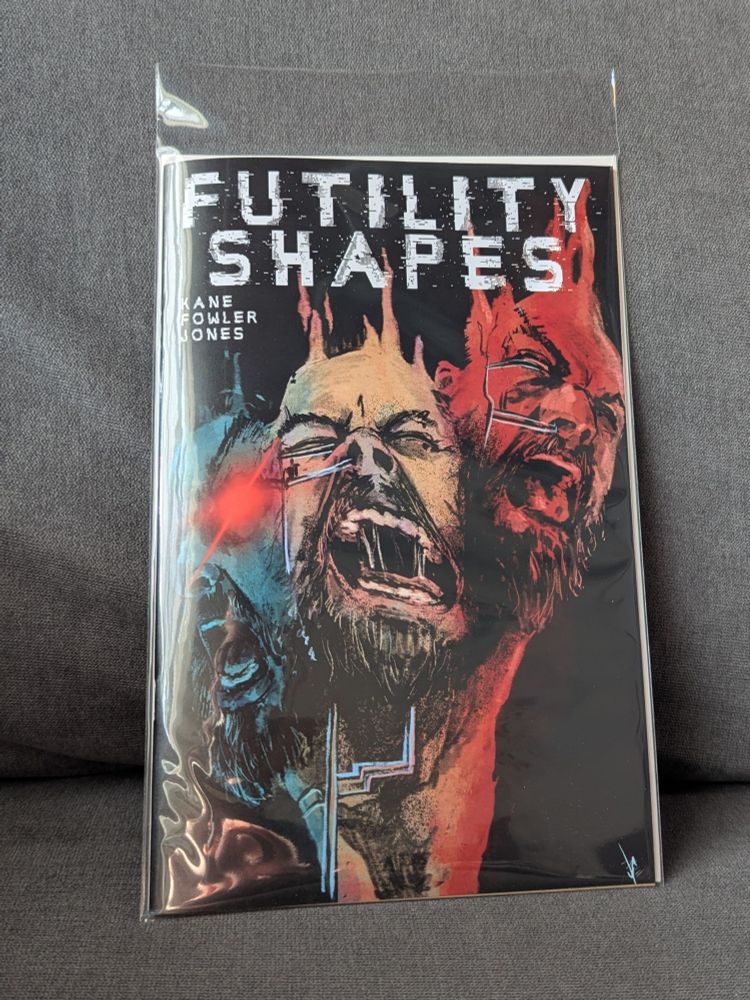 Physical copy of Futility Shapes propped up on my couch 
