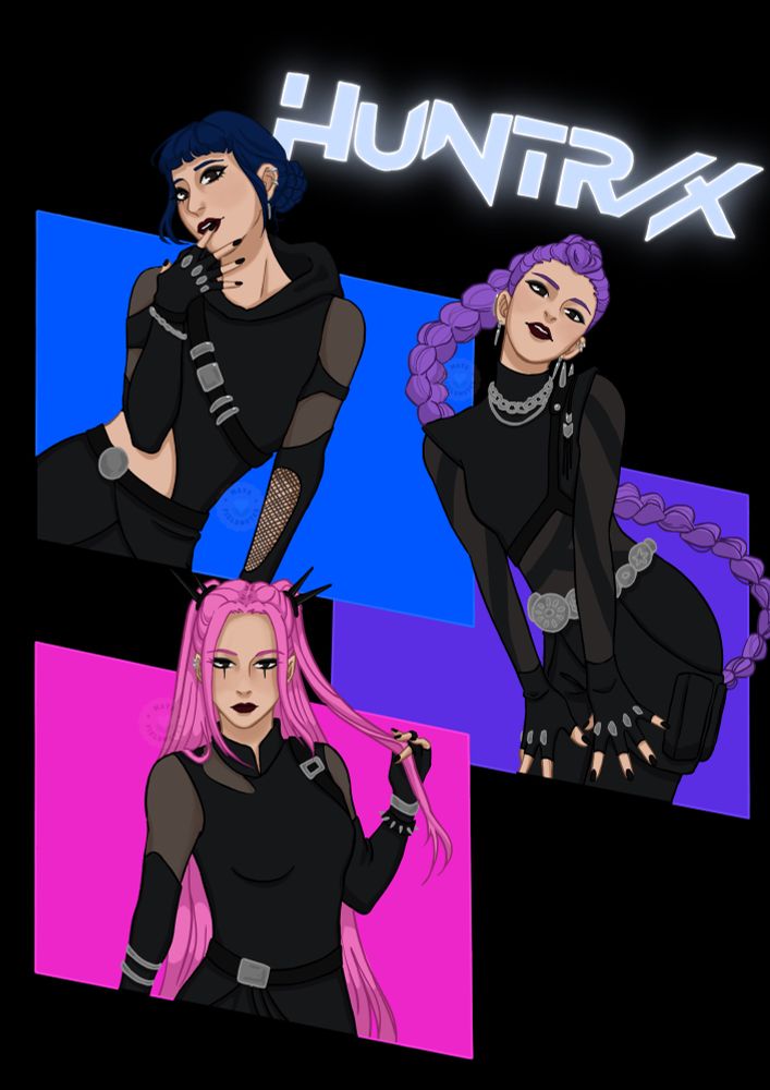 Fanart of Huntrix from Kpop Demon Hunters. At the top right is their logo written. Underneath Zoey, Rumi and Mira are posing in their demon hunter outfits. Neon-colored squares are behind them, highlighting their signature colors of blue, purple and pink.