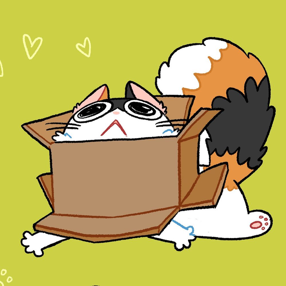 Doodle of a calico cat with her head stuck in a box 