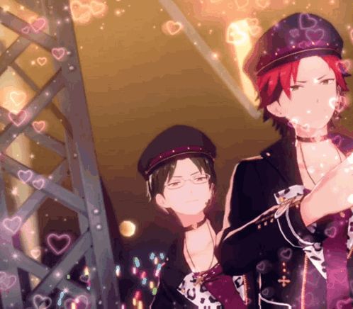 a couple of anime characters standing next to each other with hearts surrounding them