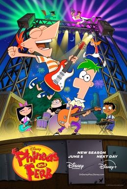 Pic of Phineas and Ferb  showing them playing in a band on stage. 