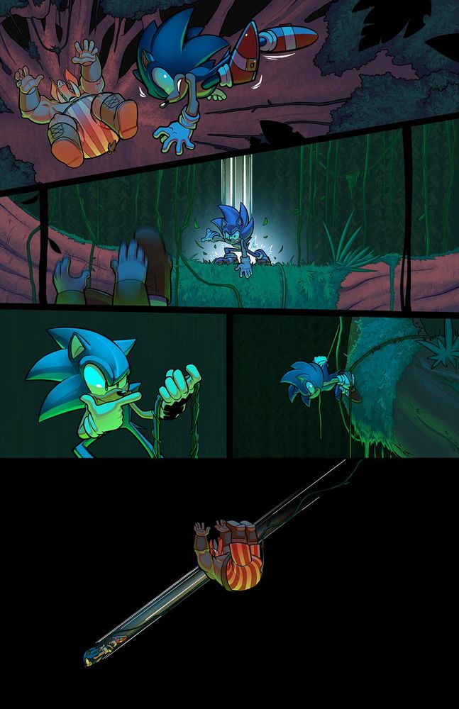 - As Sonic (foreground) and Ivan (background) fall, Sonic twists himself in the air like a cat trying to land on its feet. He grimaces with wide and determined eyes. Ivan is falling back-first and having a terrible time.
- Sonic lands on a large branch with lots of vines hanging around him while Ivan continues to fall. Sonic is keeping an eye on Ivan.
- Full front shot of just Sonic as he crouches on that branch like a gargoyle while holding onto one of the vines and looking at it like he’s formulating an idea.
- Side view of Sonic as he prepares to launch himself downward off the branch through the force of his leg strength, clutching onto the vine now.
- Wide shot as Sonic kicks himself off that branch and speeds at a downward sloping angle like a bullet, that vine getting pulled behind him, all the way down and to the other side of Ivan, who is too busy being terrified to notice.