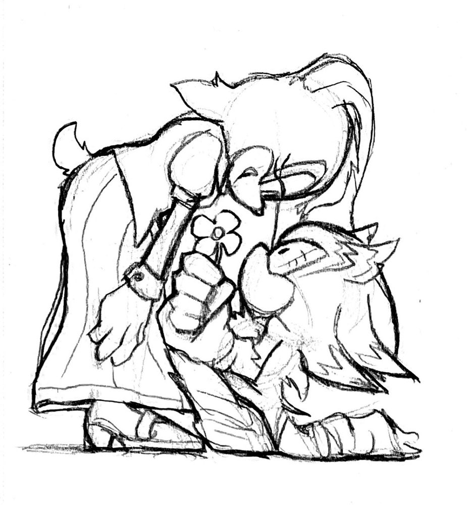 Vanilla The Rabbit leaning over Mephiles who is on one knee presenting a flower to her.