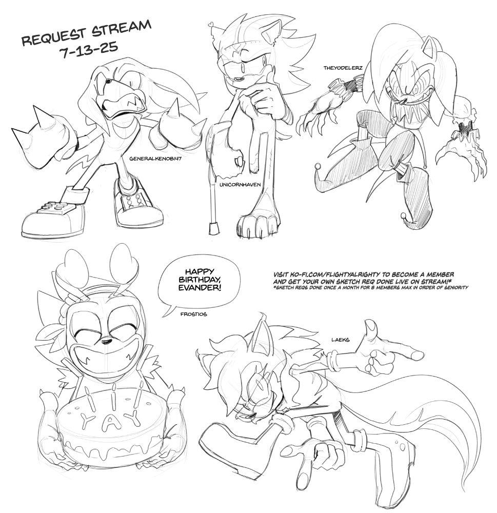 Sketches of Knuckles about to punch you, Ares The Hedgehog (OC) looking suspiciously at Fleetway Super Sonic (who is dressed like a jester), Matilda the Ant (OC) holding a cake and wishing Evander a happy birthday, and Corvid The Cat (OC) doing the Sonic Adventure 1 boxart pose.