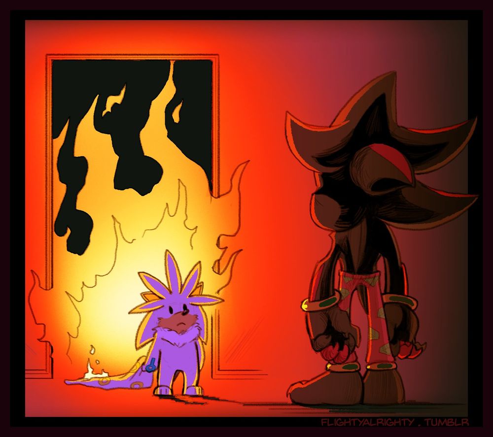 A very young (like toddler-age) Silver the Hedgehog with a partially on-fire baby blanket in his hand standing in front of a doorway. The room behind him is entirely engulfed in flames. In front of Silver is Shadow the Hedgehog (normal age) in pajama pants with a green chaos emerald pattern on them. He is simply looking down at Silver as Silver looks up at him. We do not see Shadow's expression.