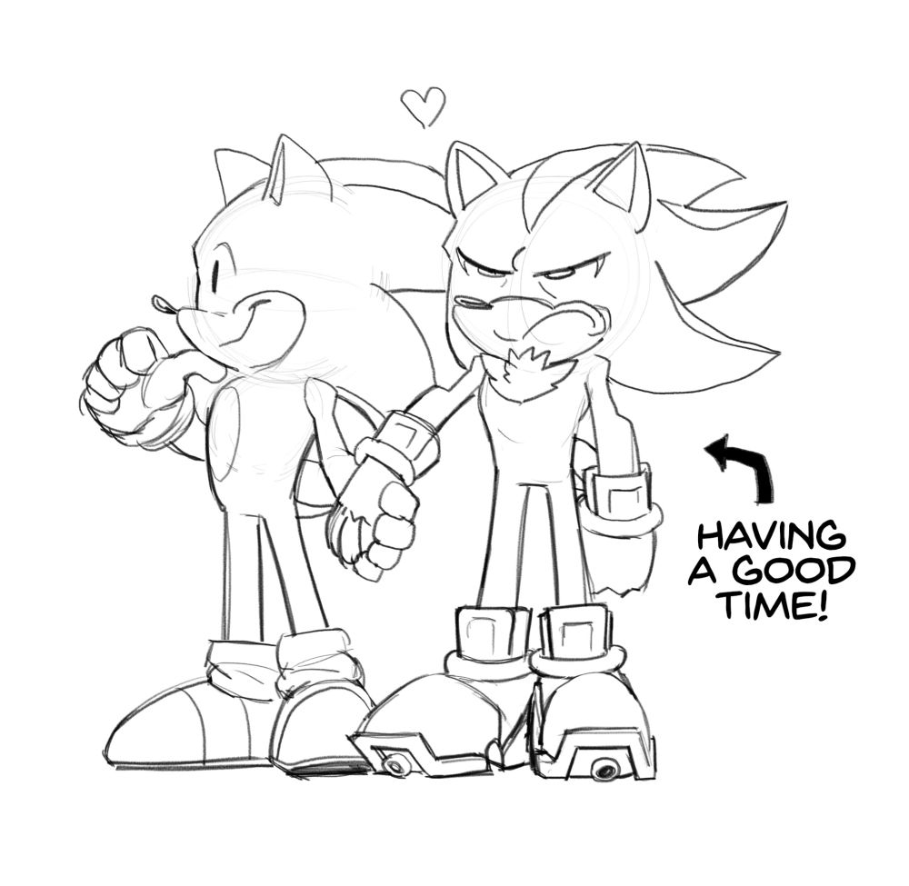 Sonic holding Shadow's hand, Sonic has his thumb pressed against his chin while looking off at some unseen thing with a big smile. Shadow stares forward with a glare and a large frown. An arrow points to him with the words "HAVING A GOOD TIME!" next to him. There is a little heart above their heads.