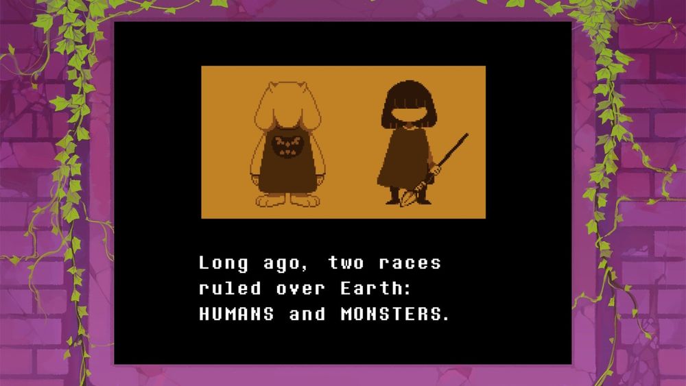 Introductory cutscene to Undertale, with a pixel-art image of a monster and a child standing next to each other and the text: "Long ago, two races ruled over Earth: Humans and Monsters"