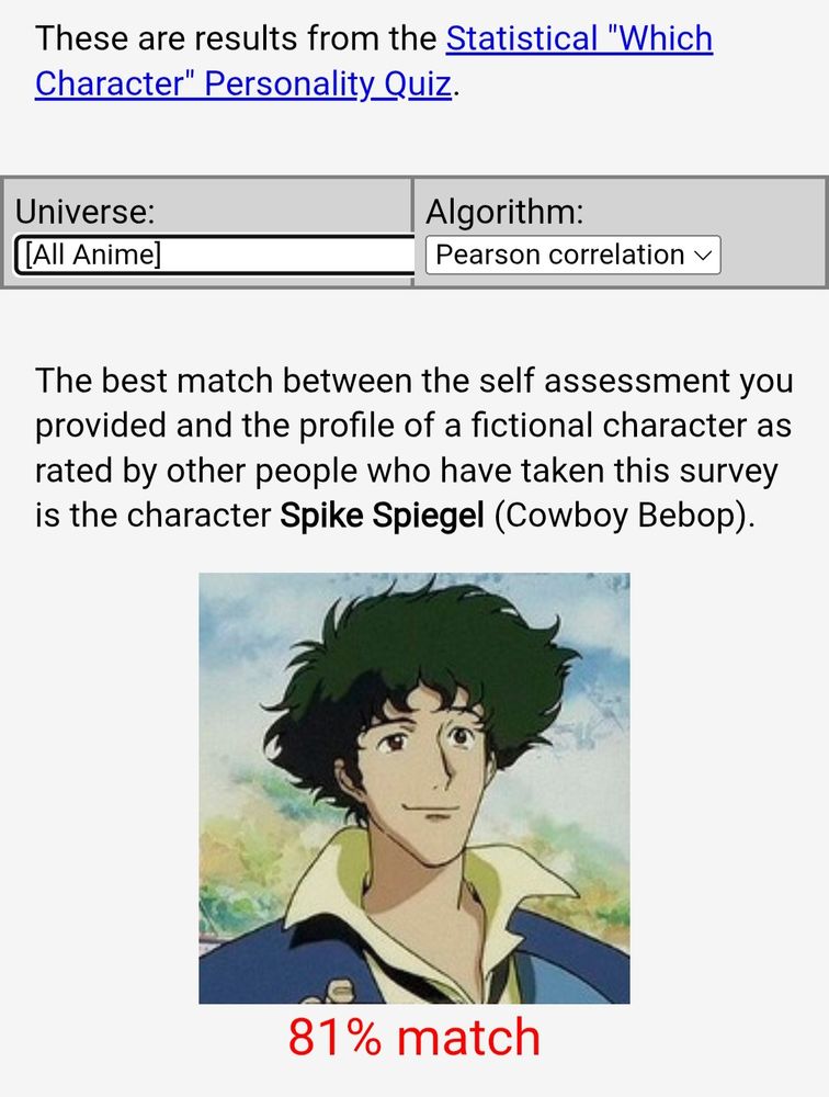 All anime: 81% match with Spike Spiegel