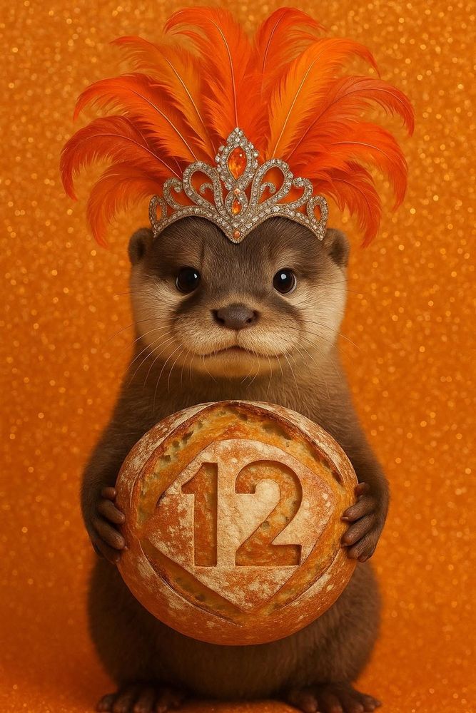 An otter dressed up as a showgirl holding a loaf of sourdough bread with the number 12 on it. 
