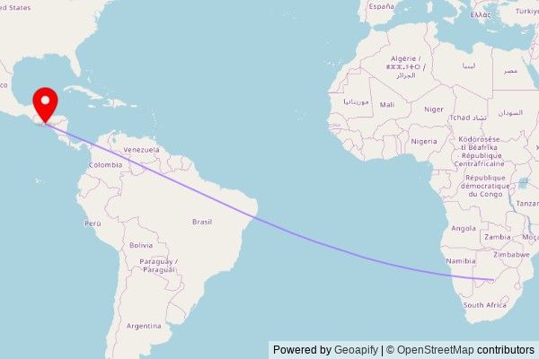 A map showing the great circle route from Kanye in Botswana to a map pin at Iglesia de San Matías, 2a Calle Poniente, Municipio de San Matías, Departamento de La Libertad, El Salvador