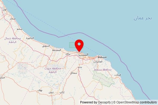 A map showing the area of Seeb Province with a pin at the position of جامع الغشيبة, Sultan Qaboos Road, 122, Seeb Province, Muscat Governorate, Oman