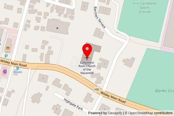 A zoomed out map with a pin at the position of Collymore Rock Church of the Nazarene, Wildey Road, Saint Michael, Barbados