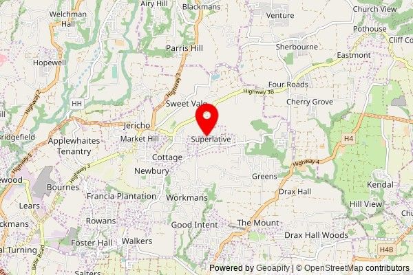 A partially zoomed out map with a pin at the position of Bethel Revival Centre, Superlative Road, Superlative, Barbados