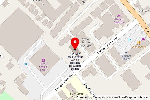 A zoomed out map with a pin at the position of The Church of Jesus Christ of Latter-day Saints, Orange Grove Road, Cul-de-Sac, Netherlands