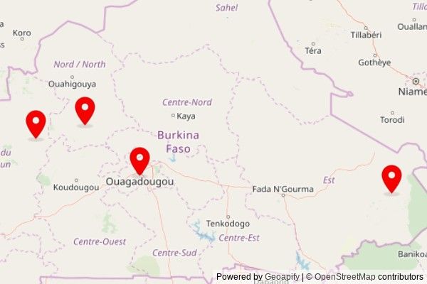 A map showing every place of worship we have visited so far in Burkina Faso including:
Église Israël Vainqueur in Ouagadougou
SIM in Diapaga
Saint Jean Marie Vianney in Yako
Eglise des Assemblées de Dieu in Toma