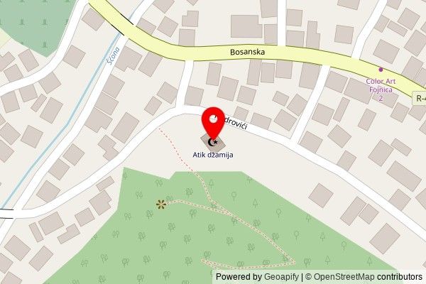 A zoomed out map with a pin at the position of Atik džamija, Hadrovići, 71270 Fojnica, Bosnia and Herzegovina