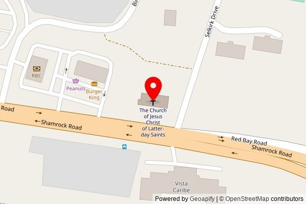 A zoomed out map with a pin at the position of The Church of Jesus Christ of Latter-day Saints, Selkirk Drive, George Town KY1-1207, Cayman Islands