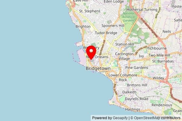 A partially zoomed out map with a pin at the position of Jumma Masjid, Kensington New Road, Bridgetown, Barbados