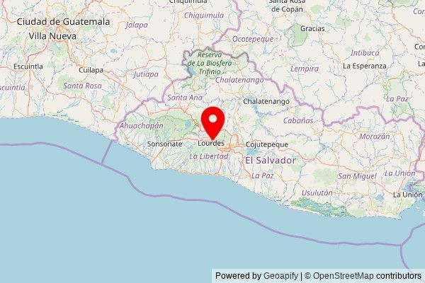 A map showing the area of Lourdes with a pin at the position of Ebenezer Lourdes (Iglesia Roca Eterna), Calle Principal, 0515 - Lourdes, La Libertad, El Salvador
