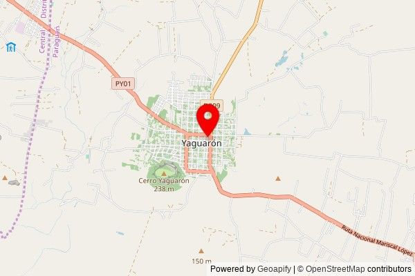 A partially zoomed out map with a pin at the position of Ecclesia catholica. Templum Sancti Buenaventurae (Yaguarón), Pedro Juan Caballero, 091502 Jaguar District, Paraguay
