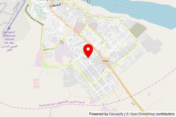 A partially zoomed out map with a pin at the position of Mosquée Arraha مسجد الحسن الثاني, Route 70, Laayoune, Morocco