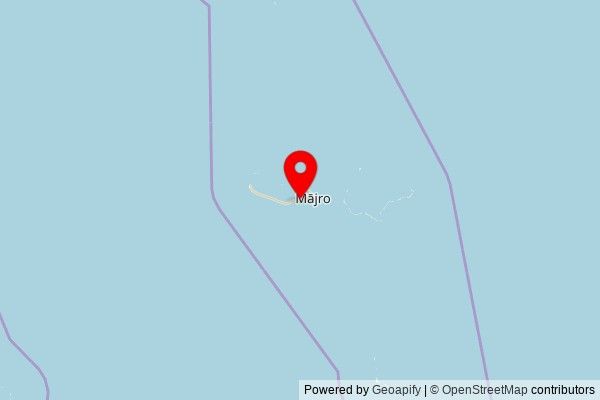 A map showing the area of Majuro with a pin at the position of Rairok Baptist Church, Lagoon Road, Majuro, MH, Marshall Islands