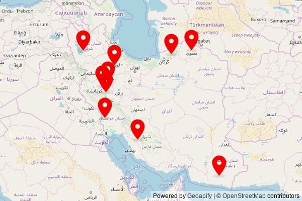 A map showing every place of worship we have visited so far in Iran including:
مسجد امام رضا in Khorramdarreh City
نمازخانه عاشورا in دهستان خزل غربی
مکتب امام زمان in Hamedan
مسجد جامع قدیم in دهستان مخت
مسجد جامع روستای شیراز in دهستان خضرلو
مسجد امام رضا in Qaleh-ye Mozaffari
مسجدسیدالشهدا in Kazerun
مسجد in Sousangerd
مصلی بجنورد in Bojnord
عیدگاه اهل سنت نگین شهر in دهستان نظام آباد