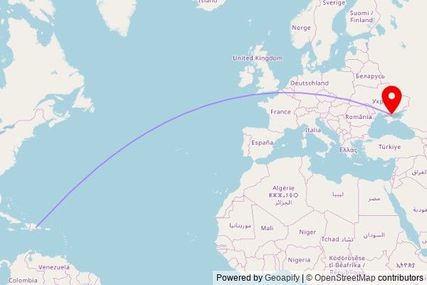 A map showing the great circle route from Villa Mella in the Dominican Republic to a map pin at Каплиця, Gogolia street, Microdistrict, Henichesk, 75500, Ukraine