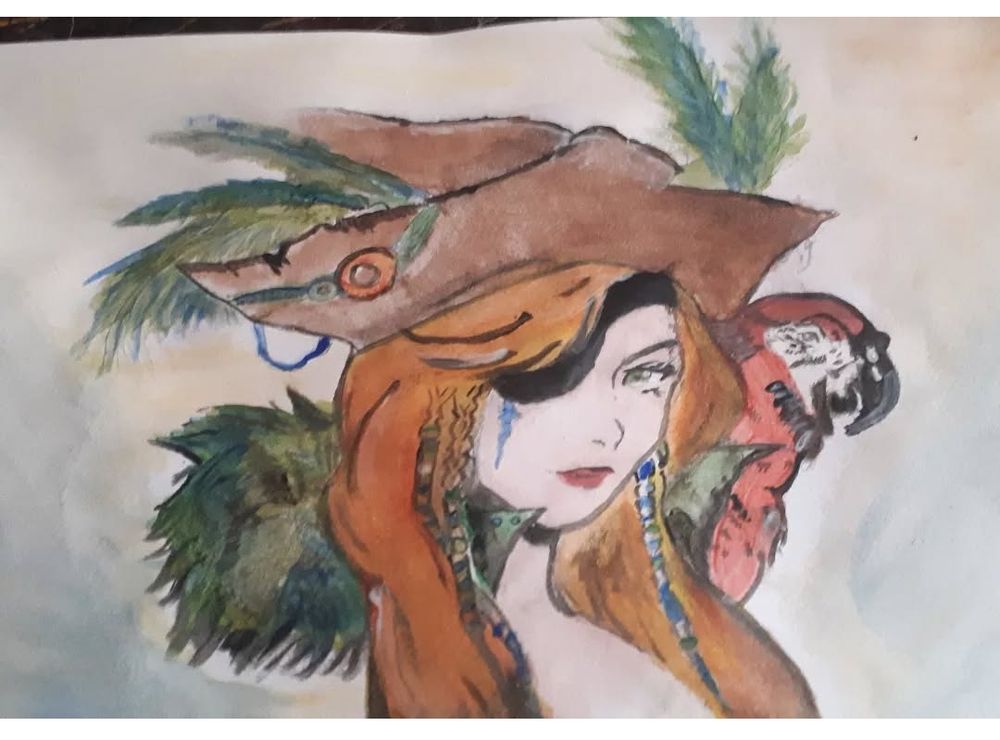 Aquarell drawing of a female redhead pirate with a bird on her shoulder.