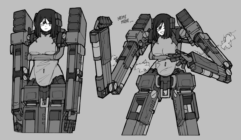 New robot girl design from Yadana featuring a character with extending mechanical limbs. The first sketch depicts her with arms fully retracted while the second shows them extended, grinning.