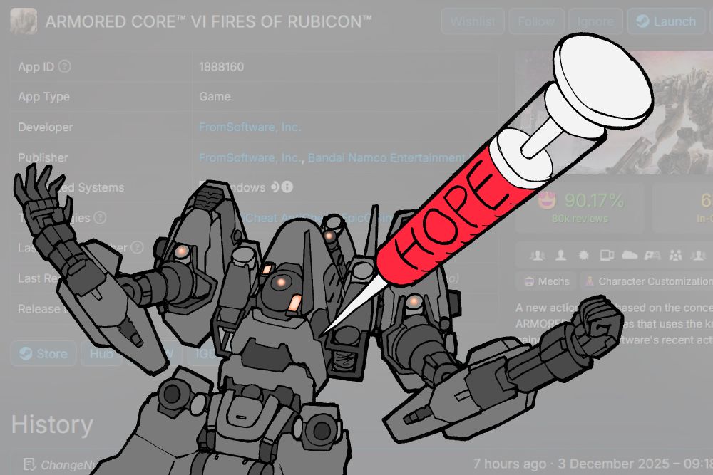 Draw-over in the style of the hope injection meme but with the LOADER 4 set from Armored Core 6. There was just a SteamDB update yesterday for AC6. TRUST.