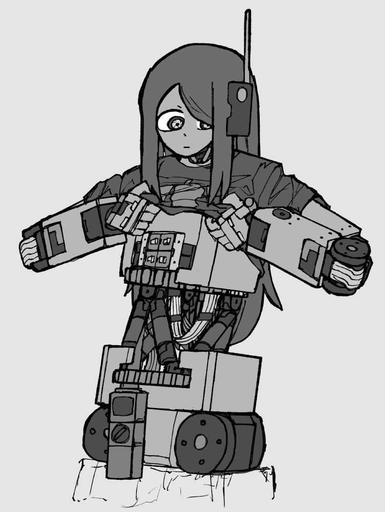 Robot girl Boxcar lifts her shirt to show a motion base styled rotating platform for her torso.