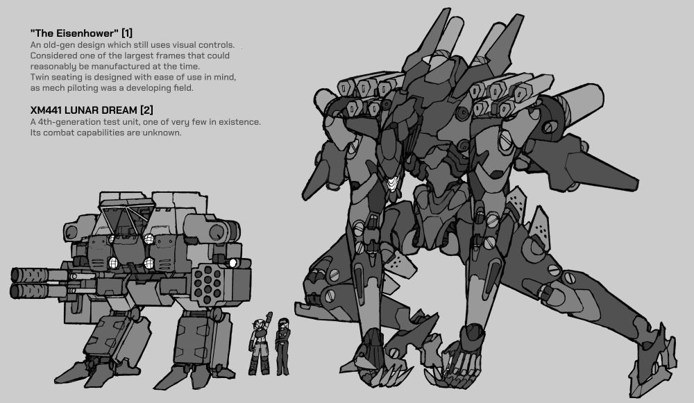 Shelley and XM's mech designs, a rugged old design compared to a much larger Evangelion-styled one.