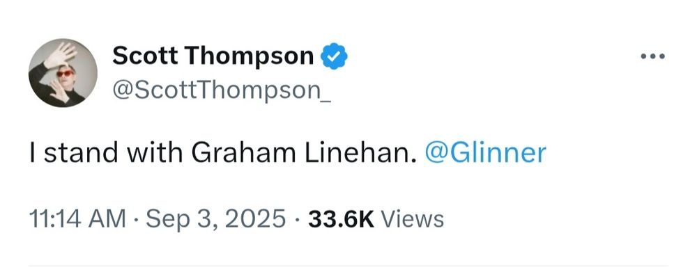 A Scott Thompson tweet that says "I stand with Graham Linehan. At Glinner