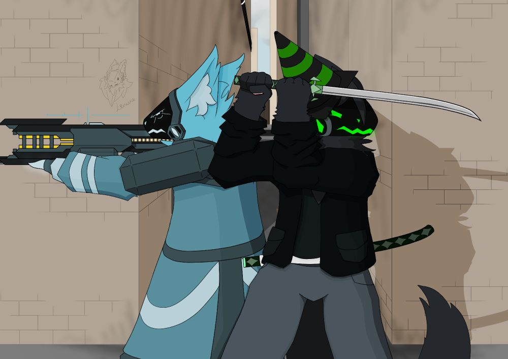 The background shows an alleyway, mostly obscured by the characters, who're standing right in front of its opening.
The cyan colored protogen is standing facing the left with a railgun, wearing a trench coat with armored shoulder pieces that cover their whole arm.
The green colored protogen wields a katana with ornate looking decorations along with a blade sheath. Both have green highlights and a black body. He wears a black coat with a dark gray undershirt and gray pants, while also wearing a black and dark green cone on his head.