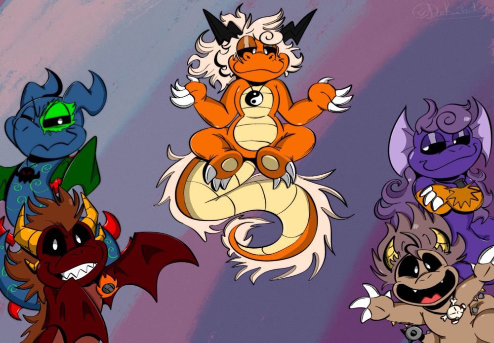 Veton and The Metal Dragons! 

Middle - Veton Leídragon

Bottom Left - Wyfernal Terror

Upper Left - Vilosion Apocalyptic
 
Bottom Right - Rocky Rockdrake

Upper Right - Wimp Lythiaton
 

Veton is a member of the Kyukons, and the Metal Dragons are a subline of the Rockin' Dragons!