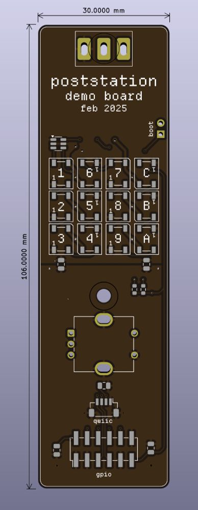 A 3d render of a circuit board that says "poststation demo board feb 2025"