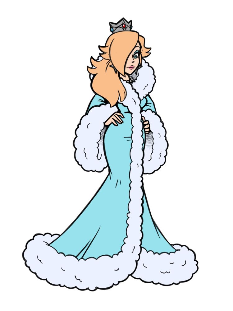 Rosalina from the Super Mario Franchise is dressed in a thick robe, trimmed with fur. the robe is reminiscent of Martha May Whovier's from the 2000 film "How the Grinch Stole Christmas".